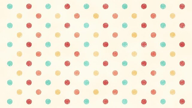 Retro colored polka dot pattern motion background. Doodle circle scribble animated background. Yellow, blue, navy, red, orange, dots.