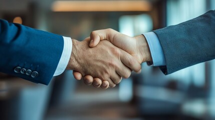 Business partners shaking hands in a modern conference room with a backdrop of high-rise buildings