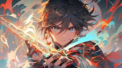 Anime man with magic sword, colorful anime style