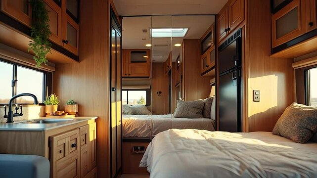 Spacious Campervan Interior with Kitchen and Bed