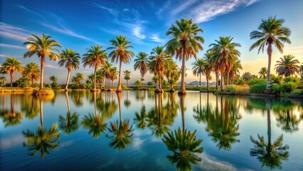 Obraz premium A group of palm trees forms a natural screen around a tranquil lagoon, serene, lagoon, greenery