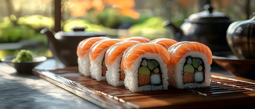 A vibrant display of sushi rolls featuring fresh salmon and colorful vegetables, elegantly arranged on a bamboo mat with wasabi and tea pots in the background.