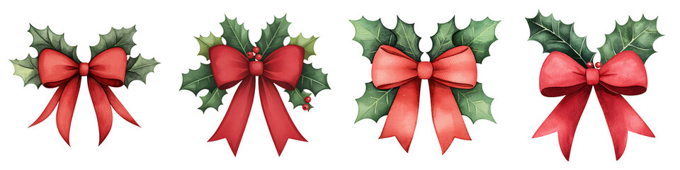 A festive arrangement of holly leaves adorned with red bows, ideal for holiday decorations.