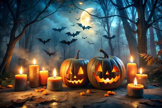 halloween pumpkin jack o lantern decorations in a horror forest, candle, bats and moolight, spooky Halloween background