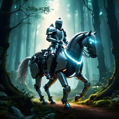 Fototapeta premium A futuristic knight with glowing armor riding a robotic horse through a magical forest