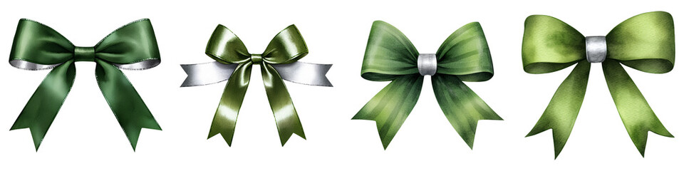 Four elegant green bows displayed against a white background, showcasing various styles and shades for decorative uses.