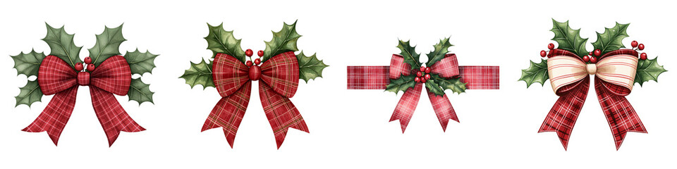 A collection of decorative bows with festive patterns and holly accents, perfect for holiday decorations.