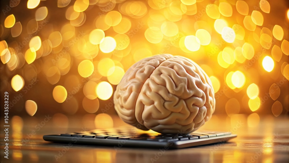 Poster brain on keyboard symbolizing human intellect and technology in minimalist yellow environment for cr