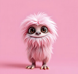 Obraz premium Funny fluffy pink monster on transparent pink background. Joyful and soft little monster. Charming yeti. Halloween character.