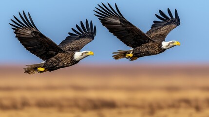 Obraz premium Two Bald Eagles in Flight Majestic Birds Soaring Against Blue Sky