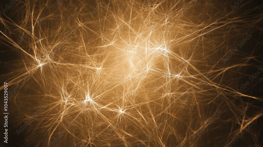 Poster a mesmerizing display of glowing golden lines and dots, creating an intricate web of light and movem
