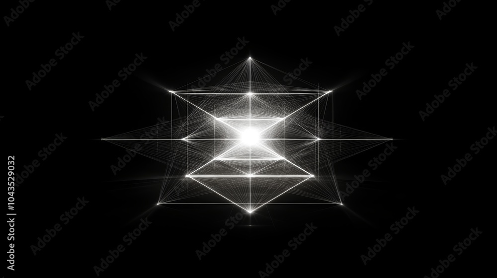 Poster a luminous geometric structure radiating light, set against a dark background, creating a captivatin