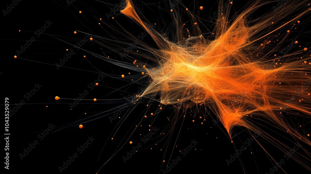 Poster a vivid abstract image showcasing dynamic orange streams and sparkles against a dark background, evo