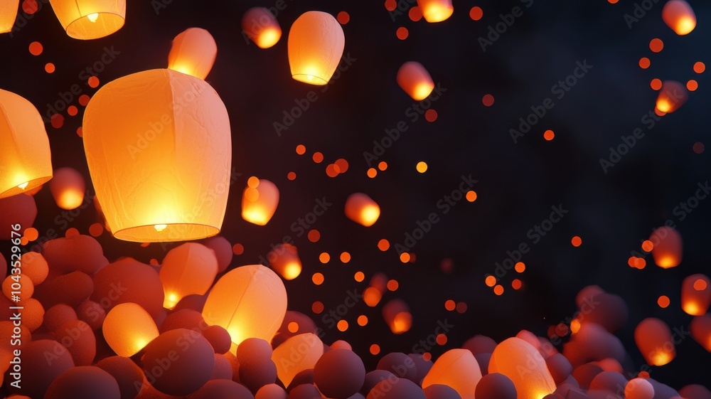 Poster a breathtaking display of floating lanterns illuminating the night sky, creating a warm and magical 