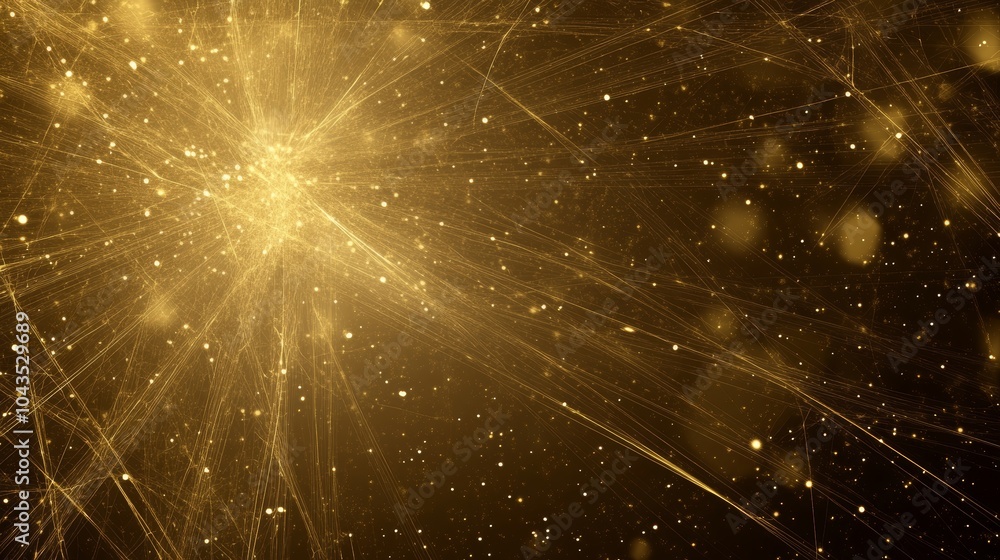 Poster a dazzling golden background filled with shimmering particles and radiant beams, creating a dynamic 