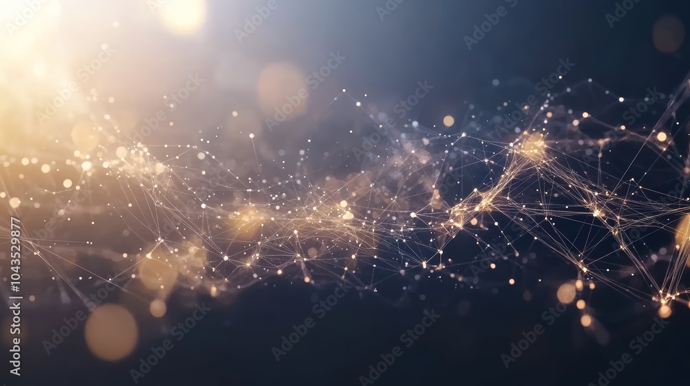 Poster a shimmering network of glowing particles against a dark background, evoking a sense of depth and co