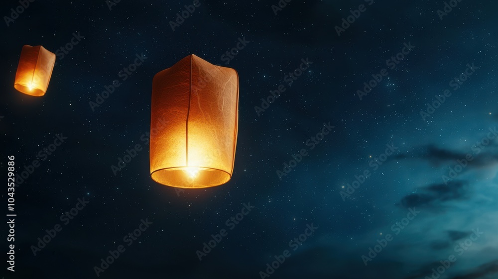 Poster two glowing lanterns float serenely in a dark sky, creating a magical atmosphere against a backdrop 