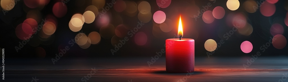 Poster a glowing red candle illuminates a dark background, surrounded by soft bokeh lights, creating a warm