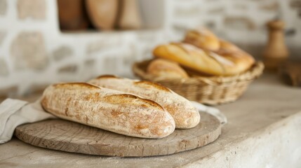 Naklejka premium Freshly baked artisanal bread displayed on a rustic countertop, emphasizing texture and warmth in a cozy kitchen setting.