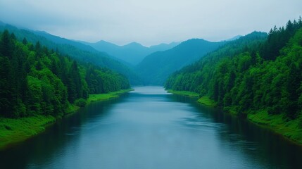 Serene River Flowing Through Lush Green Mountains