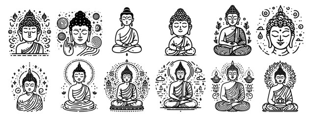 black and white set buddha vector religion buddhism prayer meditation spiritual