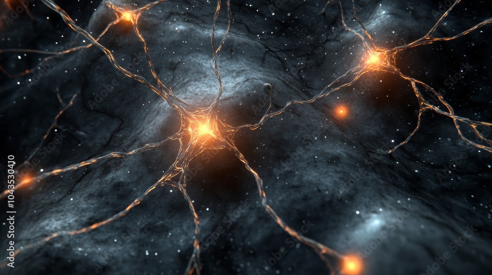 Poster a stunning visualization of interconnected neurons in a cosmic setting, showcasing bright nodes and 