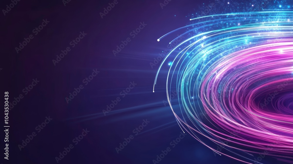 Poster a vibrant swirl of colorful light particles creating a dynamic, futuristic effect against a dark bac