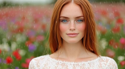 Beautiful Woman with Red Hair and Blue Eyes in the Rain