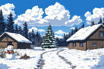 A snowy landscape with a Christmas tree in the foreground