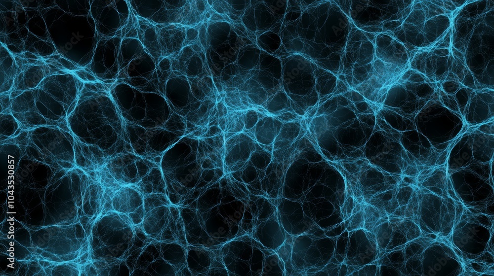 Poster a vibrant blue abstract pattern resembling interconnected neurons or cosmic structures in a dark bac