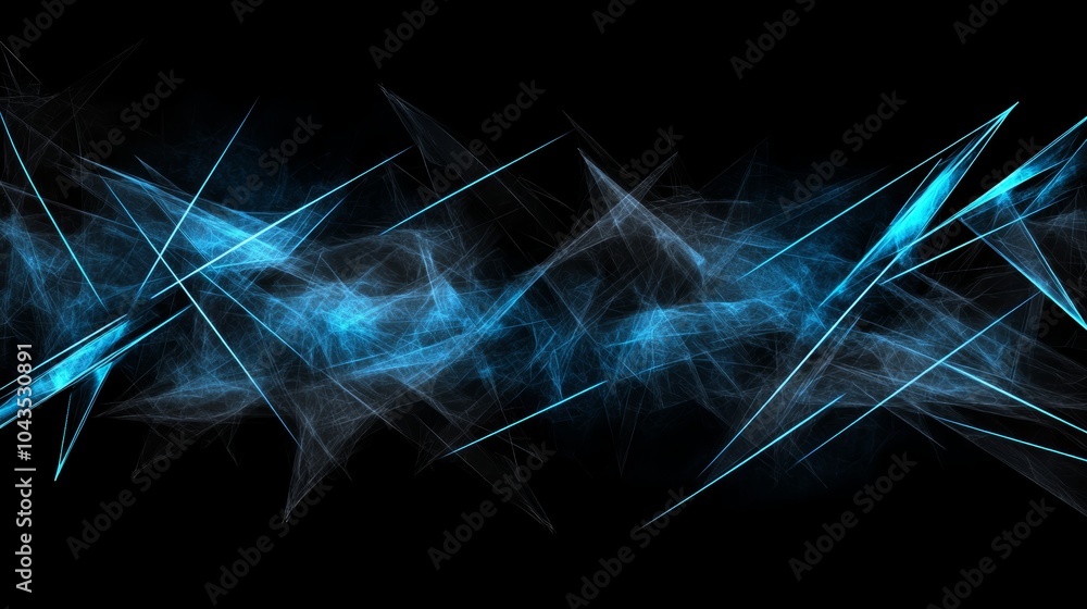 Poster a vibrant abstract design featuring blue wisps and sharp angles against a dark background, creating 