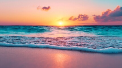 Fototapeta premium Ocean Waves Crashing on Sandy Beach at Sunset