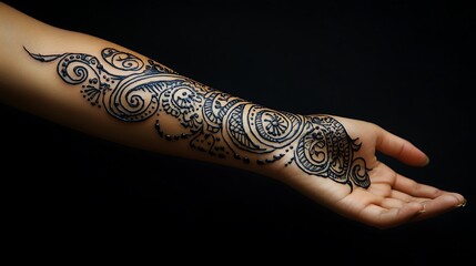 Naklejka premium A beautiful henna tattoo of paisley motifs flowing down the wrist and fingers, with intricate swirls and fine details filling each paisley shape, illuminated by warm natural light,