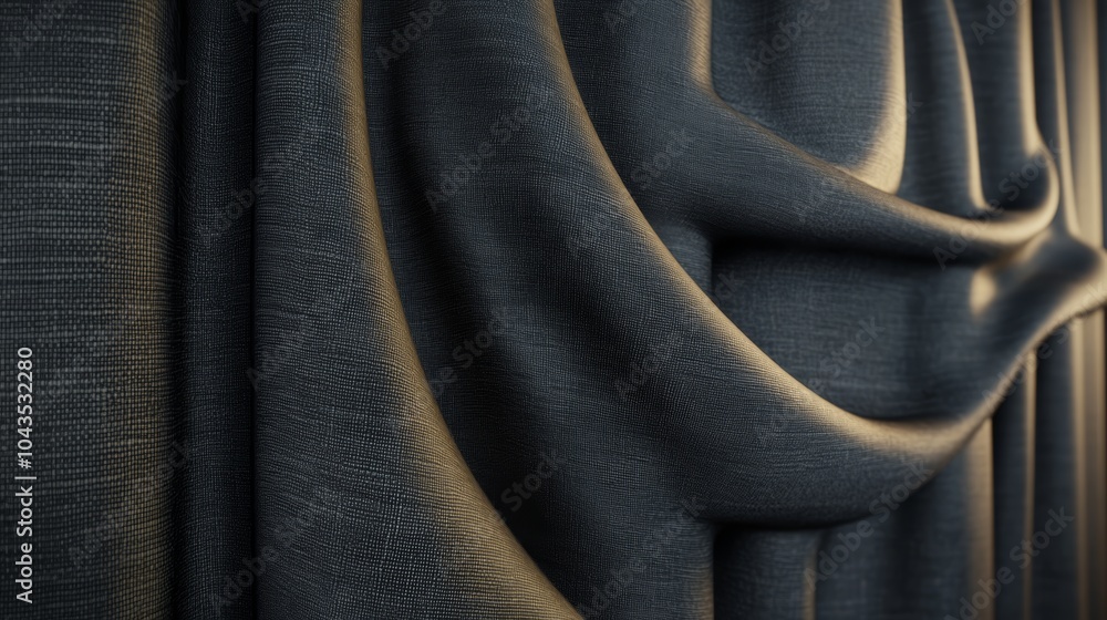 Poster close-up view of textured, flowing black fabric, showcasing intricate patterns and elegant draping.