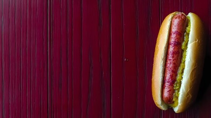A classic hot dog with mustard and relish, served on a dark wooden board, dark tone background, shot by Canon