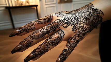 Obraz premium A classic henna tattoo featuring intricate paisley patterns cascading down the fingers and wrist, each paisley filled with detailed linework and dots, the design highlighted by soft ambient lighting,