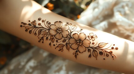 A delicate floral vine henna tattoo wrapping around the forearm, adorned with small flowers and leaves, each petal detailed with fine henna lines,