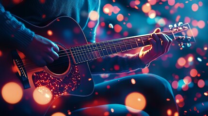 Obraz premium A vibrant image of a guitarist passionately playing an acoustic guitar on stage, surrounded by colorful lights.