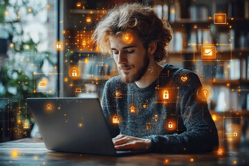 Futuristic command center: man analyzing data on multiple screens