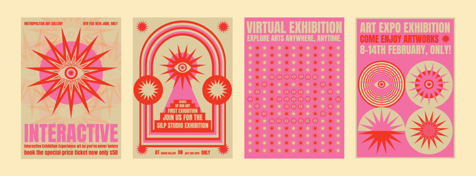Colorful exhibition posters with bold, interactive designs. Art exhibition features vibrant, interactive elements. Interactive styles, and bold colors. Psychedelic retro poster template vectors. - Powered by Adobe