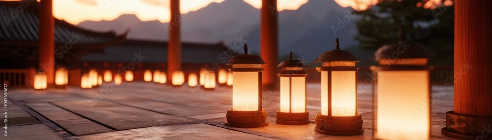 Poster a serene scene featuring glowing lanterns at dusk, set against a backdrop of mountains, creating a t