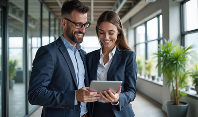 Business professionals reviewing project on tablet in office.