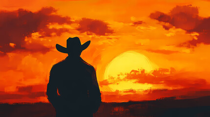 A cowboy silhouetted against a blazing sunset, riding off into the distance with his hat tipped low. Blazing Sunset. Illustration