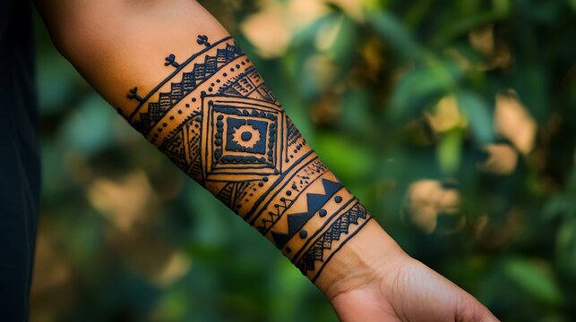 A forearm henna tattoo featuring a complex array of geometric patterns, with symmetrical shapes, clean lines, and dot embellishments, blending modern art with traditional henna elements,
