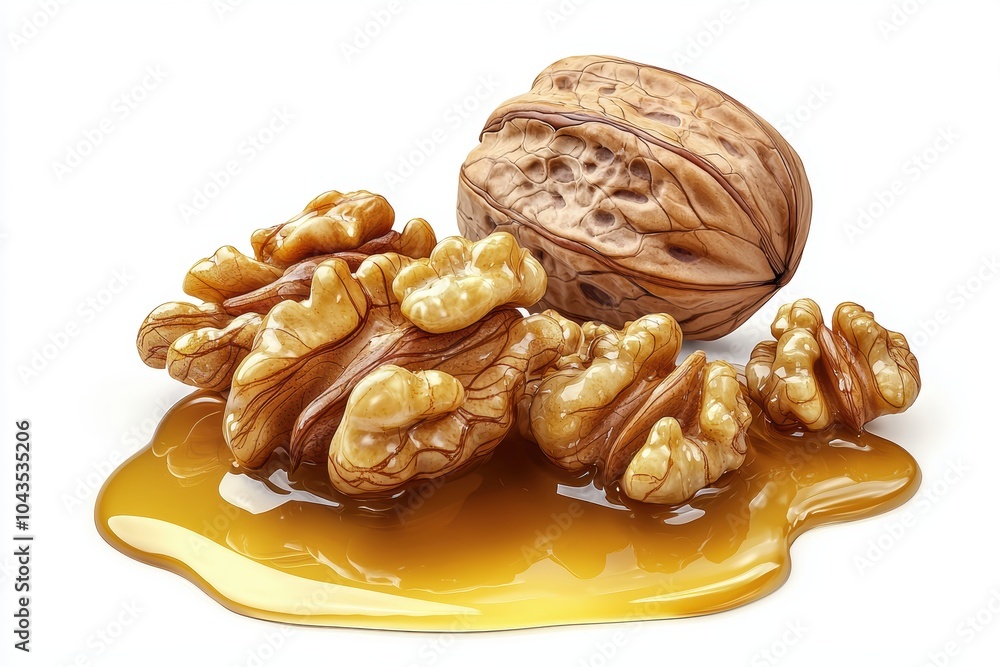 Poster a nut with a nut shell and a drop of honey on top