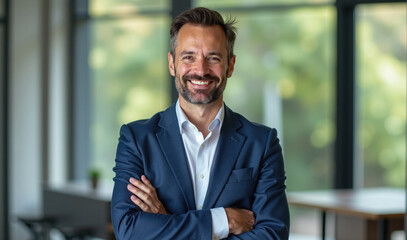 Confident businessman smiling with arms crossed in modern office.