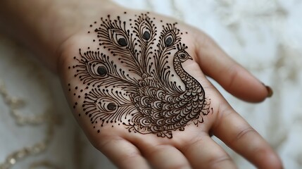 A henna tattoo depicting a peacock with its feathers gracefully spreading across the back of the hand, each feather intricately decorated with delicate linework and dot accents, illuminated by soft,