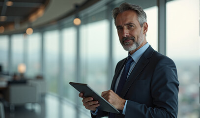Fototapeta premium Senior businessman using tablet in modern office setting
