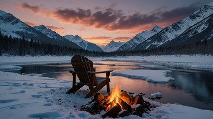  "The Warm Light of a Campfire in the Dark of a Winter Night"The Beauty of a Campfire in the Silence of Winter Cold Night: The Flame of a Campfire in the Snow