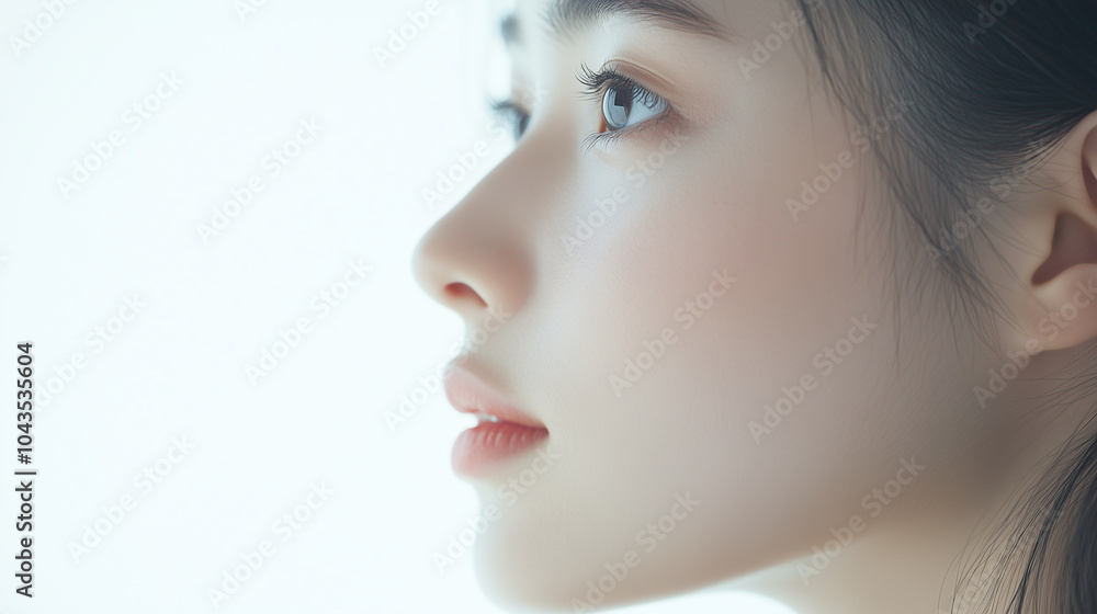 Poster 若くてかわいいアジア人女性モデル。ナチュラルで肌が綺麗な横顔のショット。美容ポートレート。